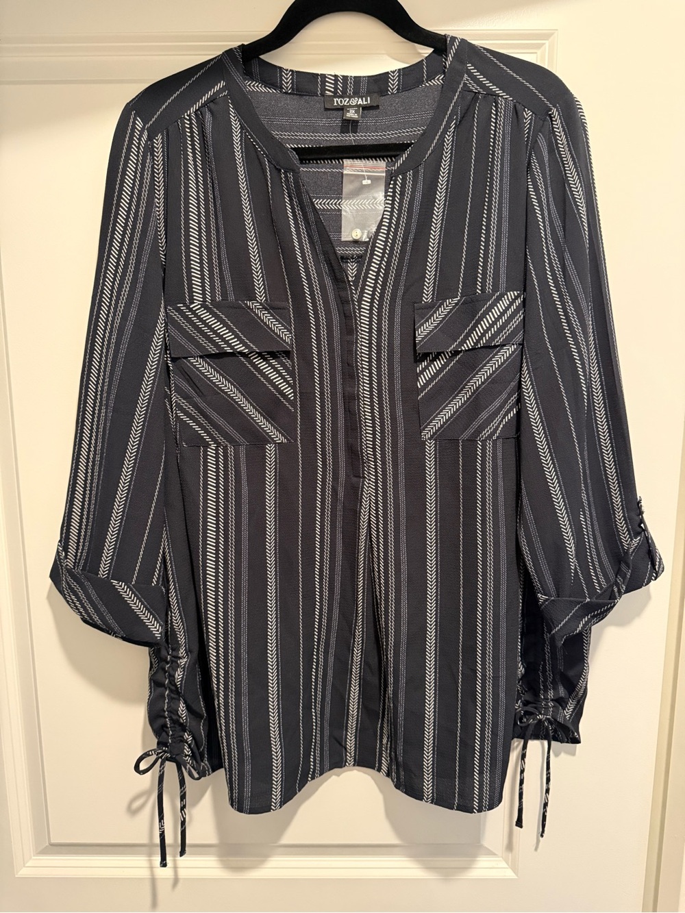 Roz & Ali Women's Navy Striped Popover Blouse